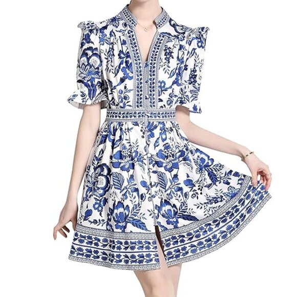 LAI MENG FIVE CATS Women Button Up Short Puff Sleeve Mini Dress Sz: XL Blue/Wht - Picture 1 of 15